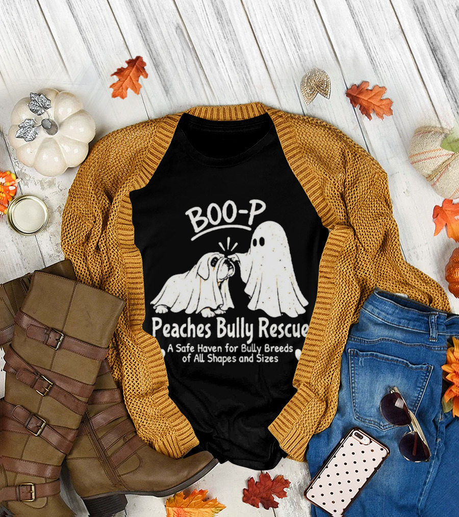 Boo P Peaches Bully Rescue Safe Haven For Bully Breeds Halloween Ghost Dog T-Shirt