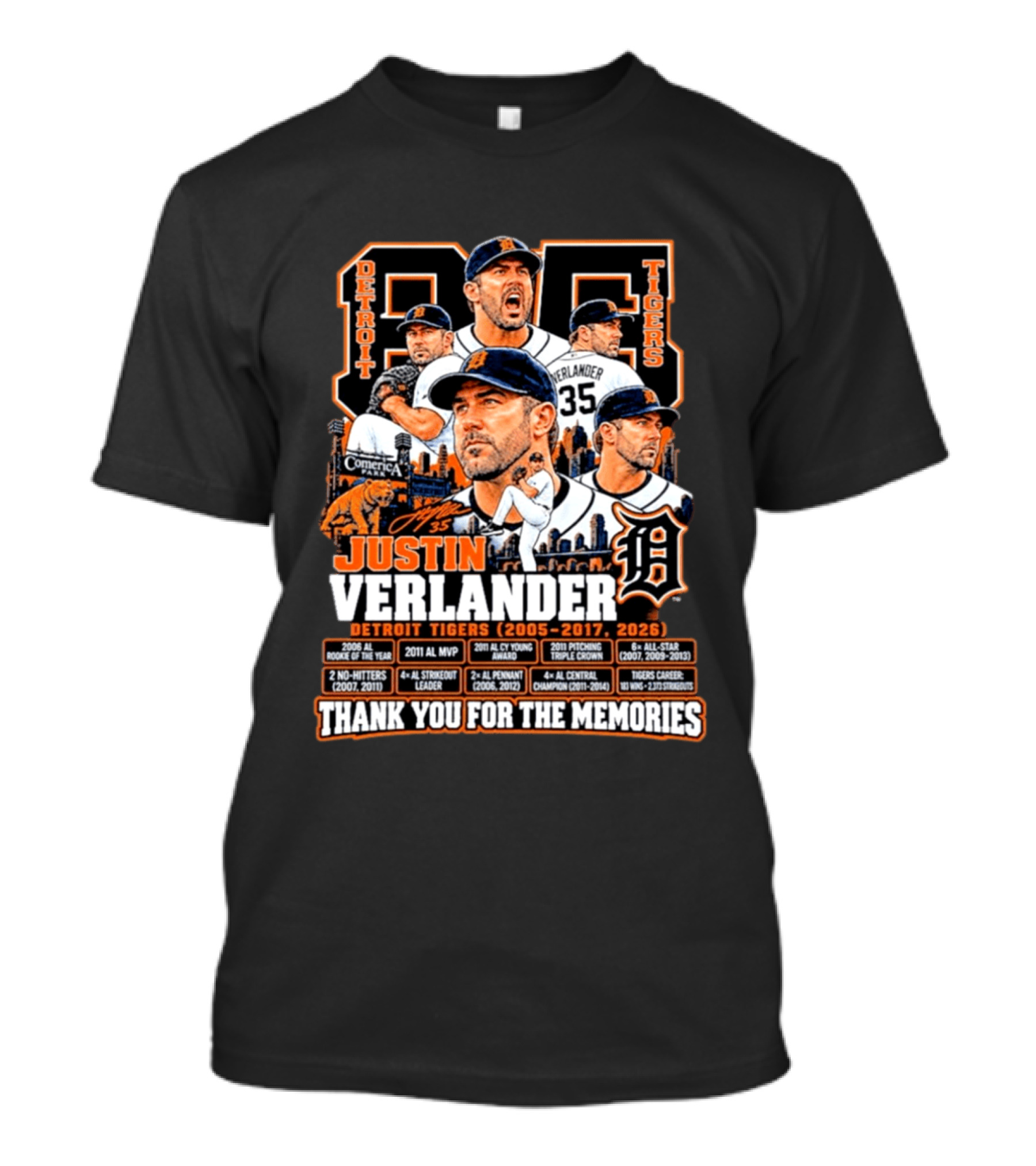 Detroit Tigers 35 Justin Verlander Thank You For The Memories 2005 2017 2026 T-Shirt