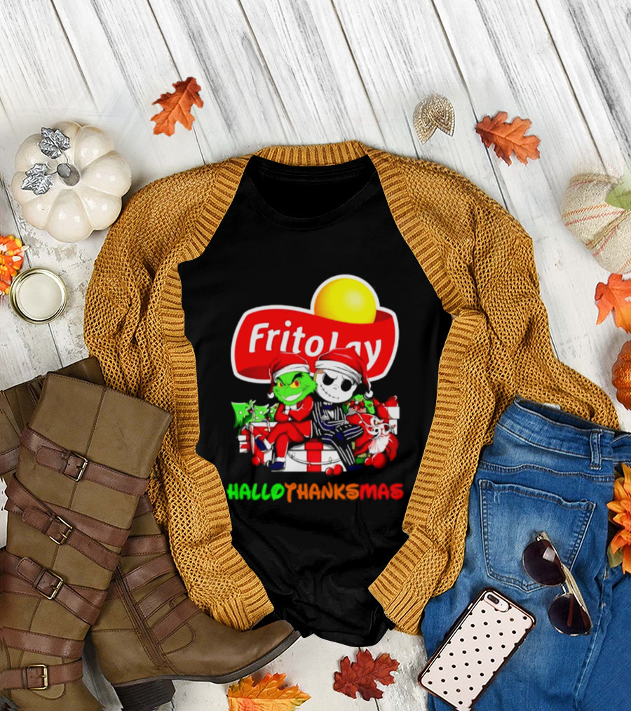 Frito Lay Grinch Jack Skellington Hallothanksmas 2026 Christmas Santa Hats T-Shirt