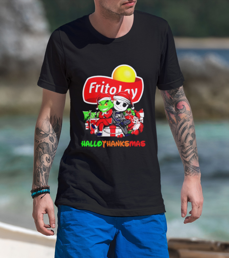 Frito Lay Grinch Jack Skellington Hallothanksmas 2026 Christmas Santa Hats T-Shirt