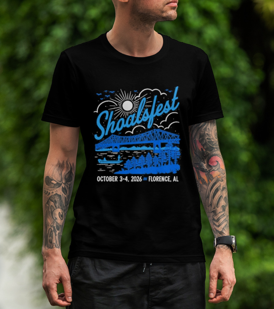 ShoalsFest October 3 4 2026 McFarland Park Florence Alabama Event With Bridge Illustration And Sun T-Shirt
