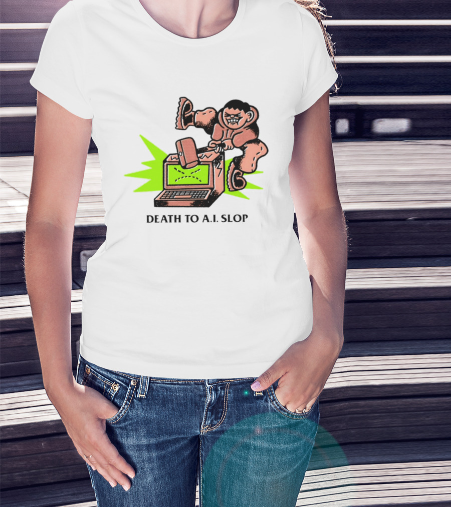 Death To AI Slop Digital Technology Revolution Sledgehammer Laptop Destruction T-Shirt