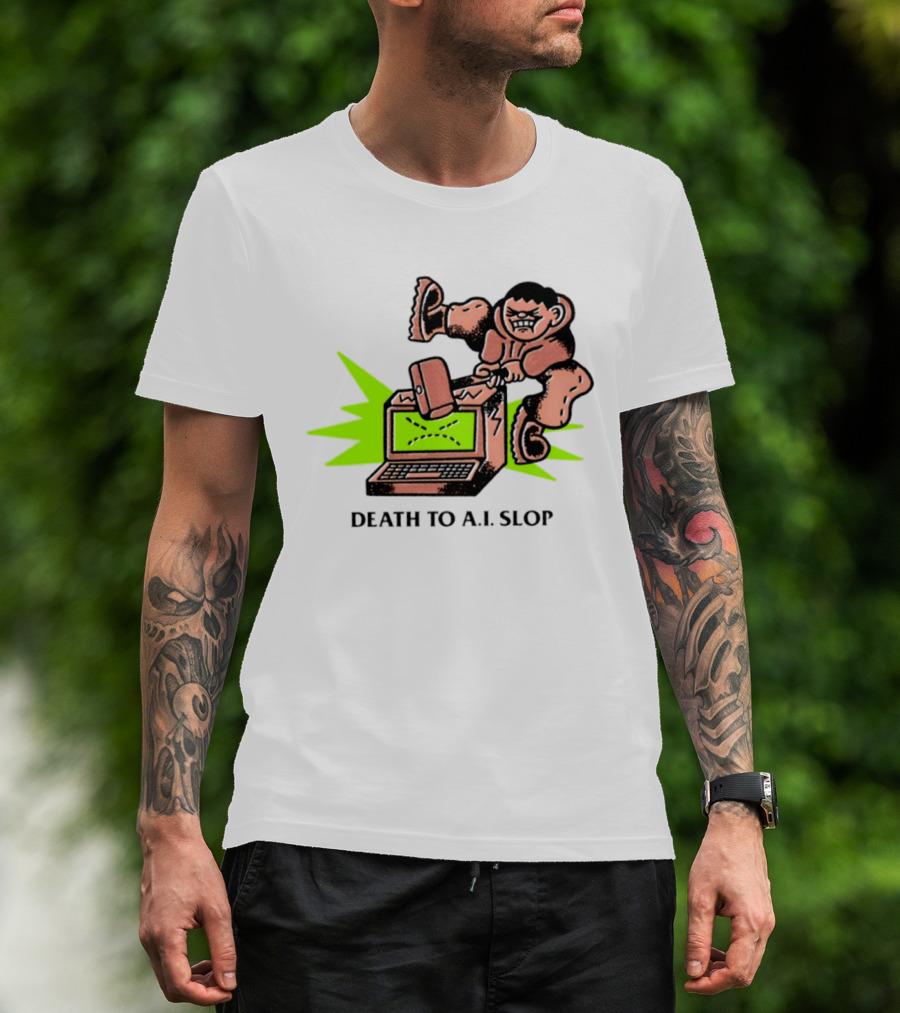 Death To AI Slop Digital Technology Revolution Sledgehammer Laptop Destruction T-Shirt