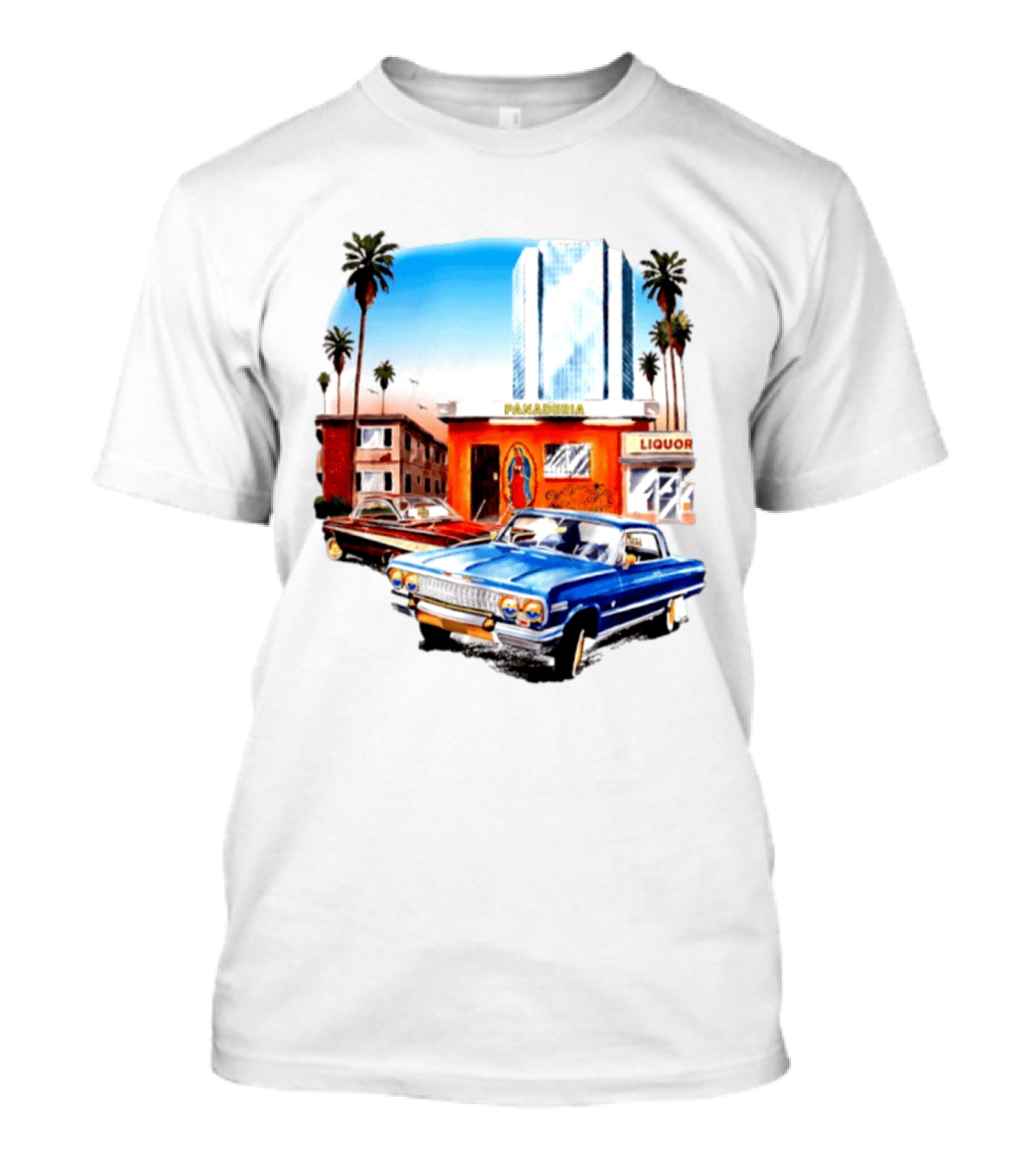 Panaderia Liquor Lowrider Scene With Vintage Cars And Palms T-Shirt