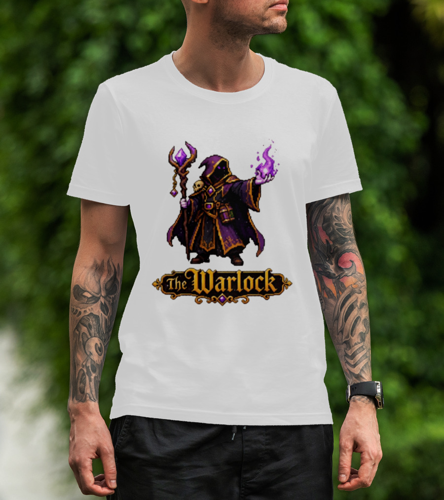 The Warlock Pixel Fantasy Mage RPG Cloaked Wizard With Staff And Magic Spell T-Shirt