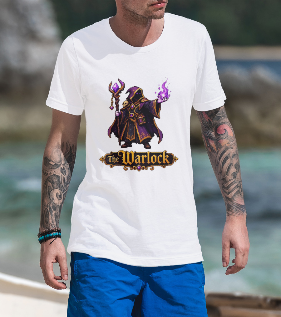 The Warlock Pixel Fantasy Mage RPG Cloaked Wizard With Staff And Magic Spell T-Shirt