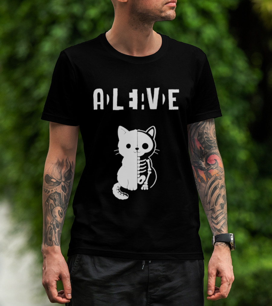 Alive Half Skeleton Cat Cute T-Shirt