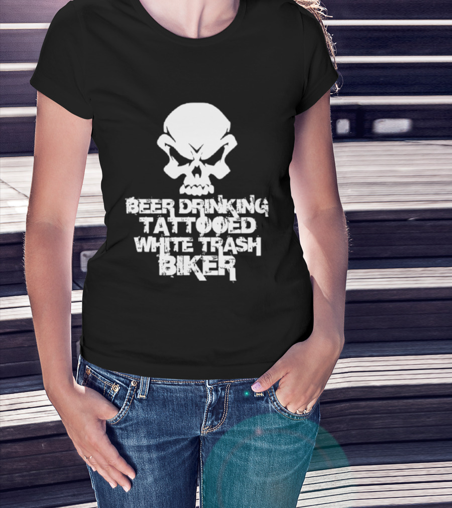 Beer Drinking Tattooed White Trash Biker Skull T-Shirt