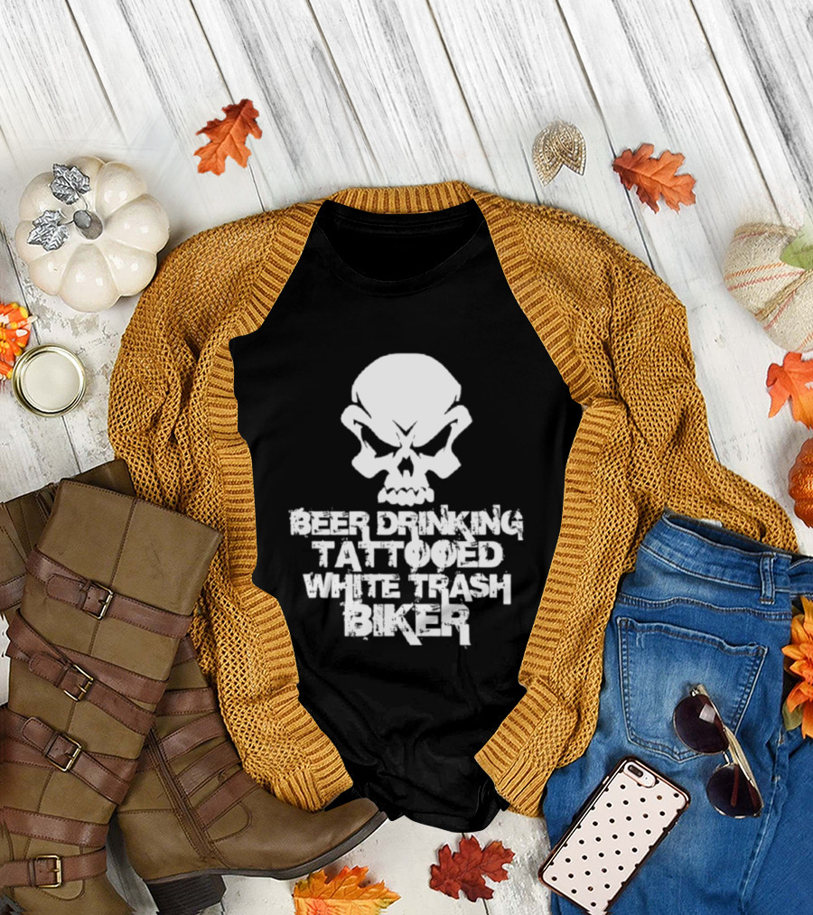 Beer Drinking Tattooed White Trash Biker Skull T-Shirt