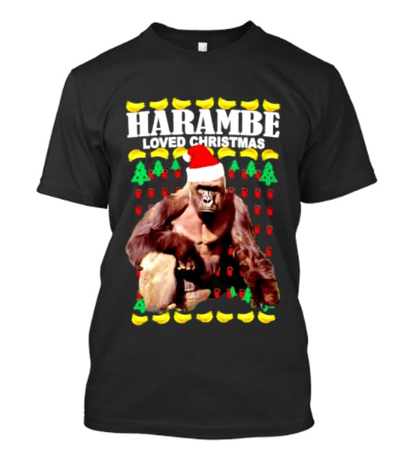 Harambe Loved Christmas Gorilla In Santa Hat With Bananas And Trees T-Shirt