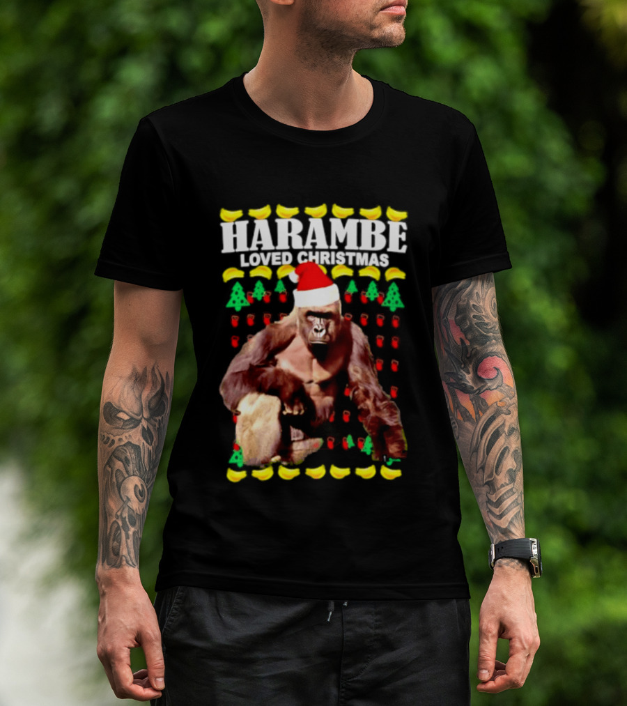 Harambe Loved Christmas Gorilla In Santa Hat With Bananas And Trees T-Shirt