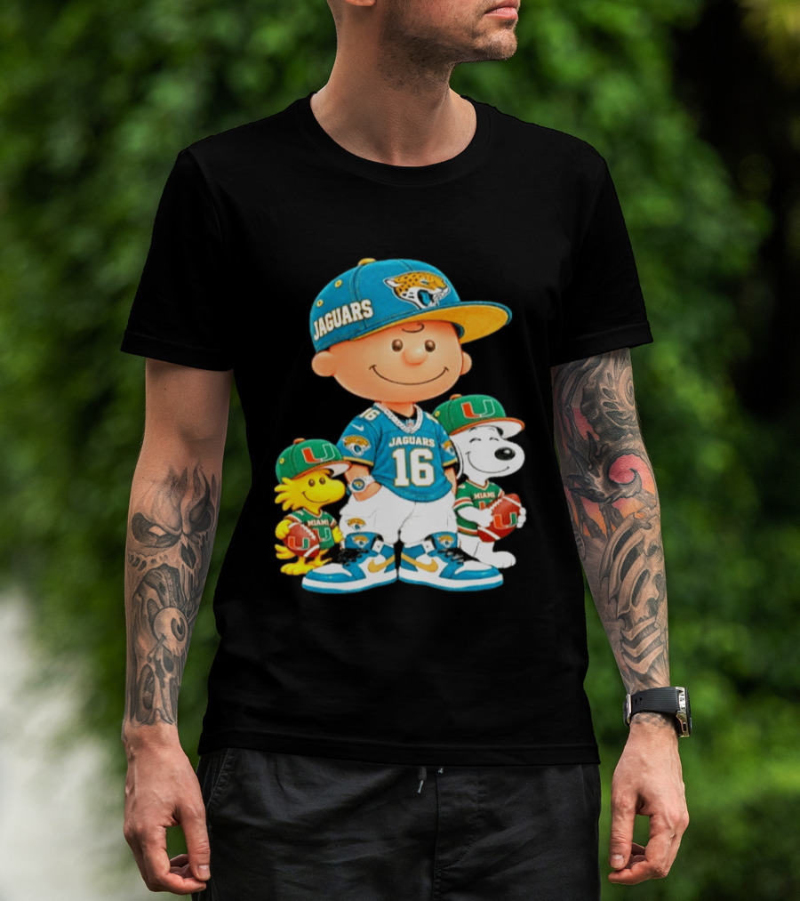 Peanuts Charlie Brown Snoopy Woodstock Jacksonville Jaguars Miami Hurricanes Football Fan Gear T-Shirt
