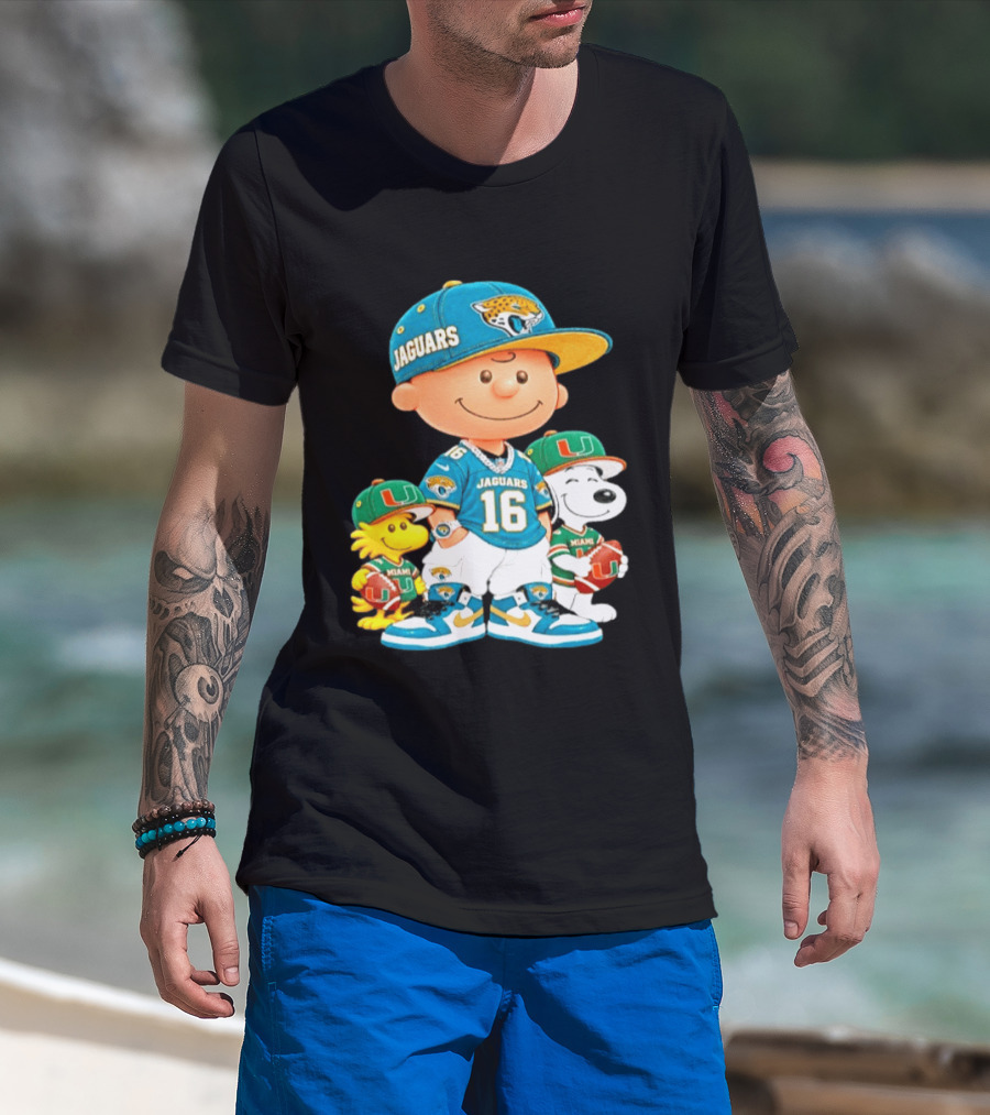 Peanuts Charlie Brown Snoopy Woodstock Jacksonville Jaguars Miami Hurricanes Football Fan Gear T-Shirt