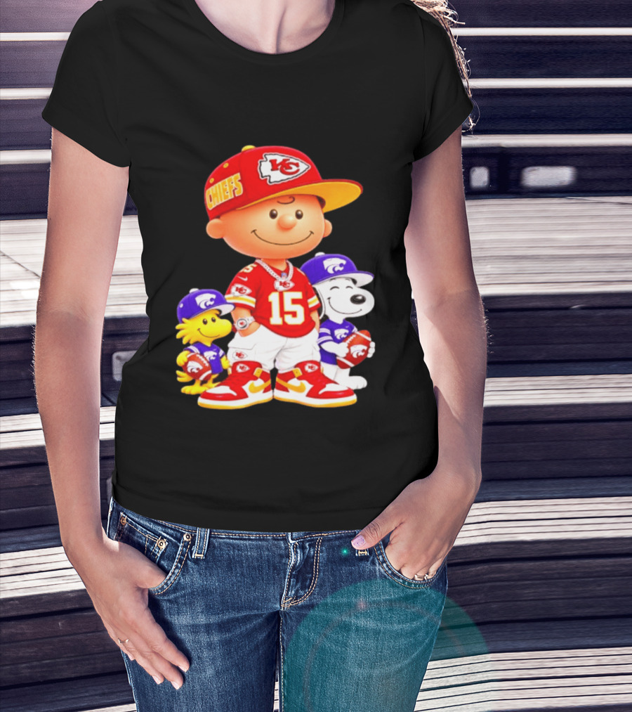 Charlie Brown Snoopy Woodstock Kansas City Chiefs 15 Football Peanuts Characters NFL Team Sports Gear T-Shirt