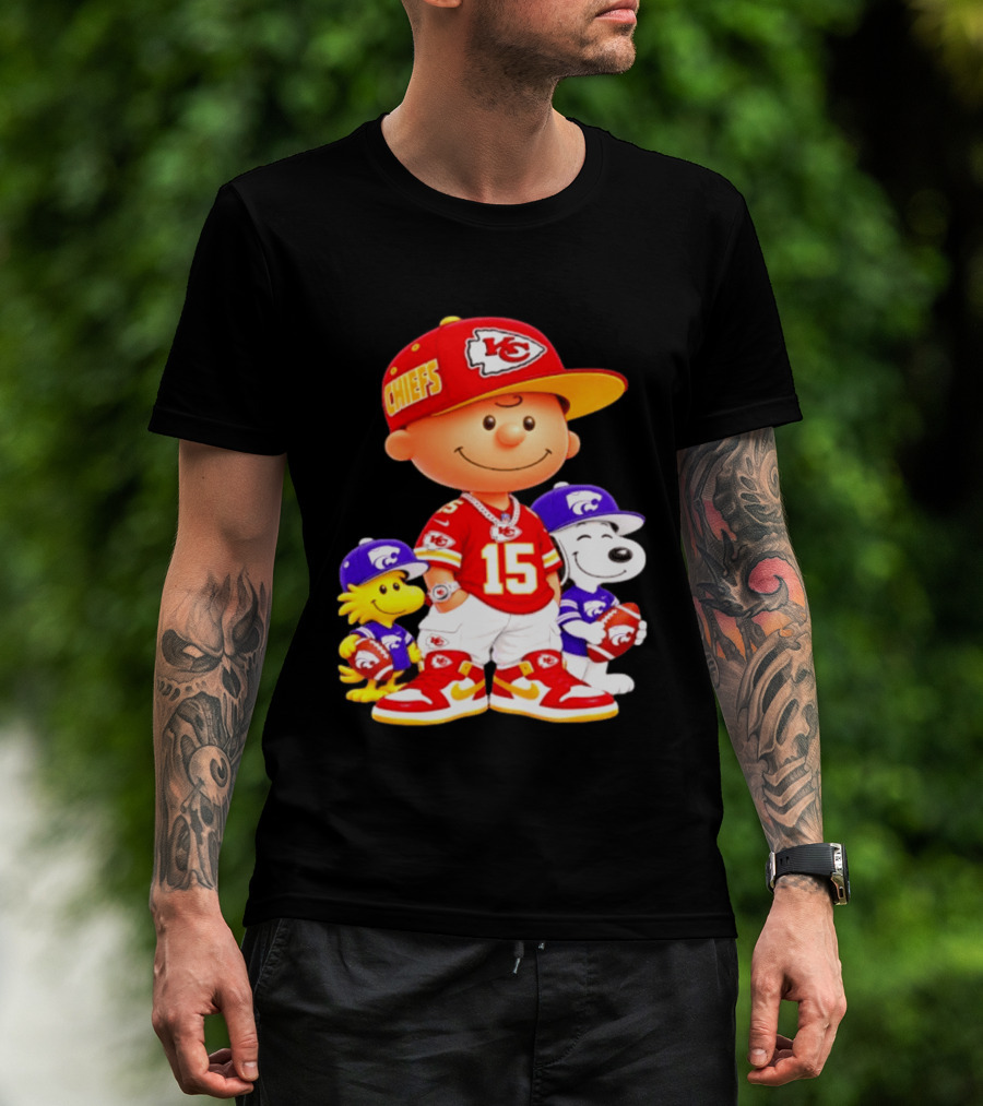 Charlie Brown Snoopy Woodstock Kansas City Chiefs 15 Football Peanuts Characters NFL Team Sports Gear T-Shirt