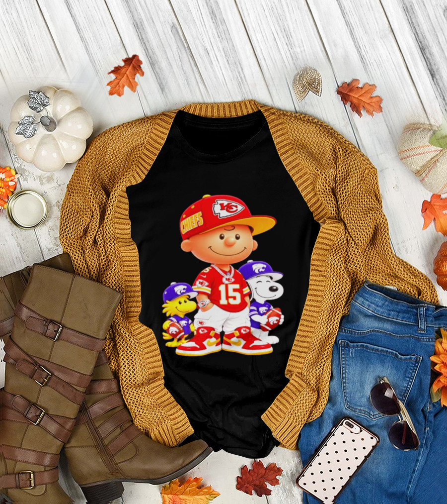 Charlie Brown Snoopy Woodstock Kansas City Chiefs 15 Football Peanuts Characters NFL Team Sports Gear T-Shirt