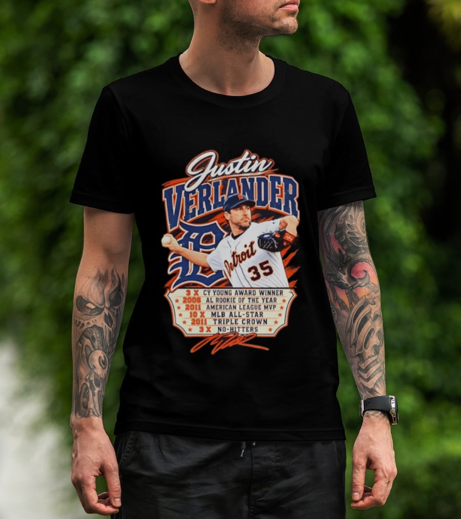 Justin Verlander Detroit Tigers Career 3x Cy Young Award Winner AL Rookie Of The Year 2011 American League MVP MLB All Star Triple Crown No Hitters T-Shirt