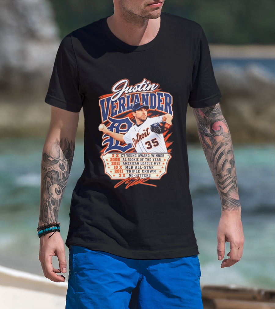Justin Verlander Detroit Tigers Career 3x Cy Young Award Winner AL Rookie Of The Year 2011 American League MVP MLB All Star Triple Crown No Hitters T-Shirt