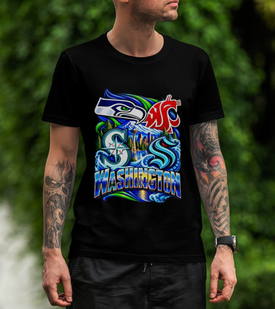 Seattle Seahawks Washington State Cougars Mariners Kraken Washington Skyline T-Shirt