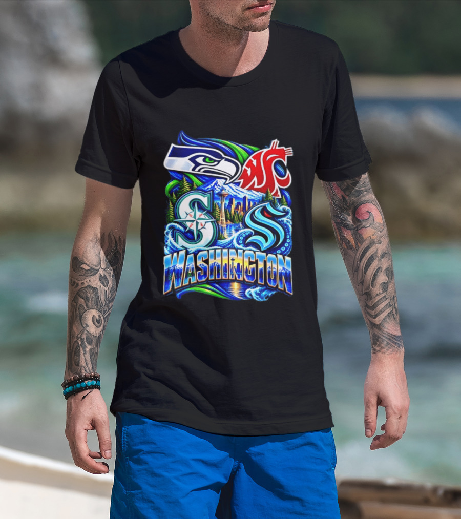 Seattle Seahawks Washington State Cougars Mariners Kraken Washington Skyline T-Shirt