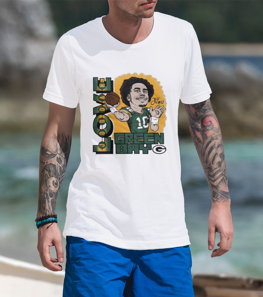 Green Bay Packers Jordan Love Caricature Player Number 10 Football T-Shirt