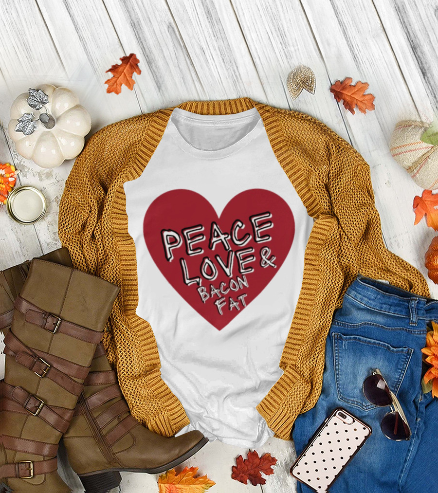 Peace Love And Bacon Fat Heart Shape Red T-Shirt