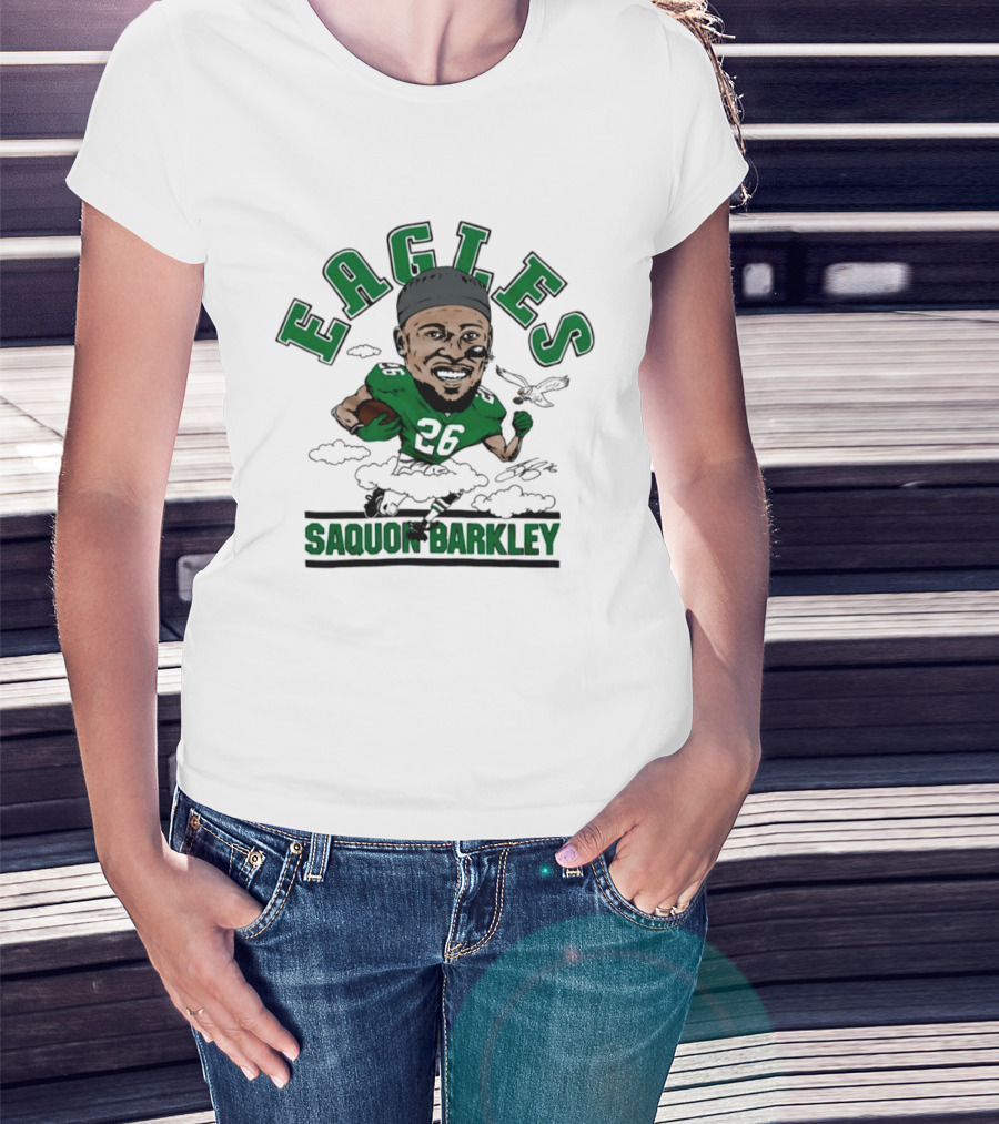 Eagles Saquon Barkley 26 Caricature Player Running Clouds T-Shirt