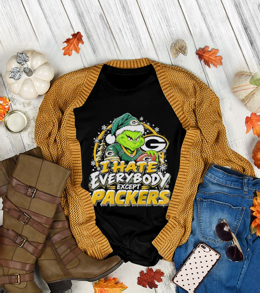 Green Bay Packers Grinch I Hate Everybody Except Packers Fans Christmas Holiday T-Shirt