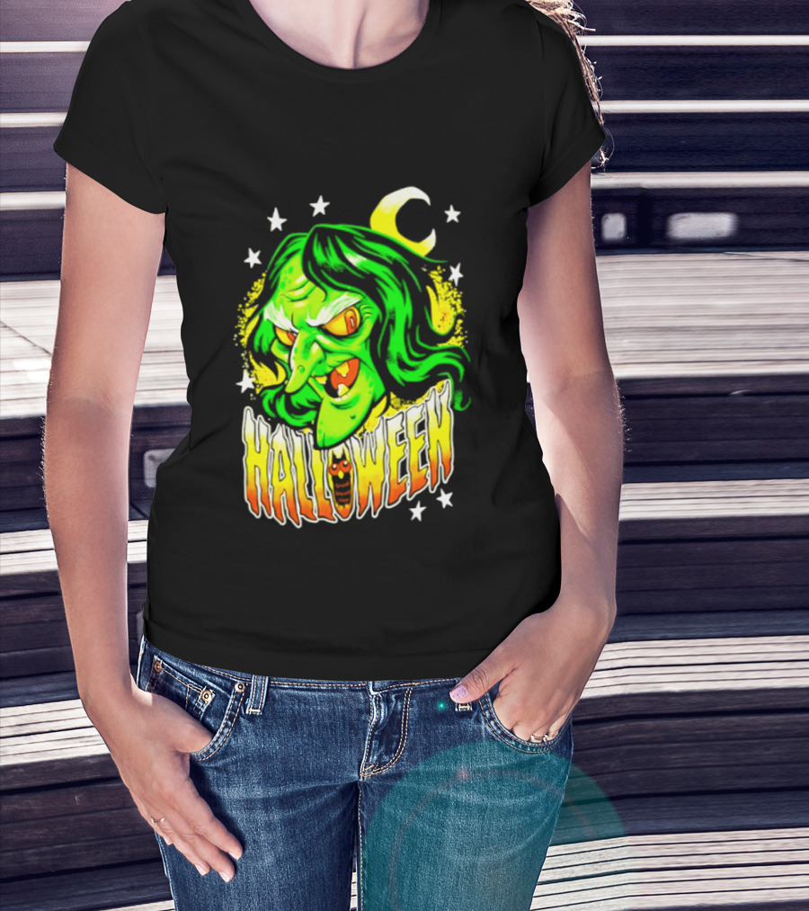 Halloween Witch Green Face Crescent Moon And Stars T-Shirt