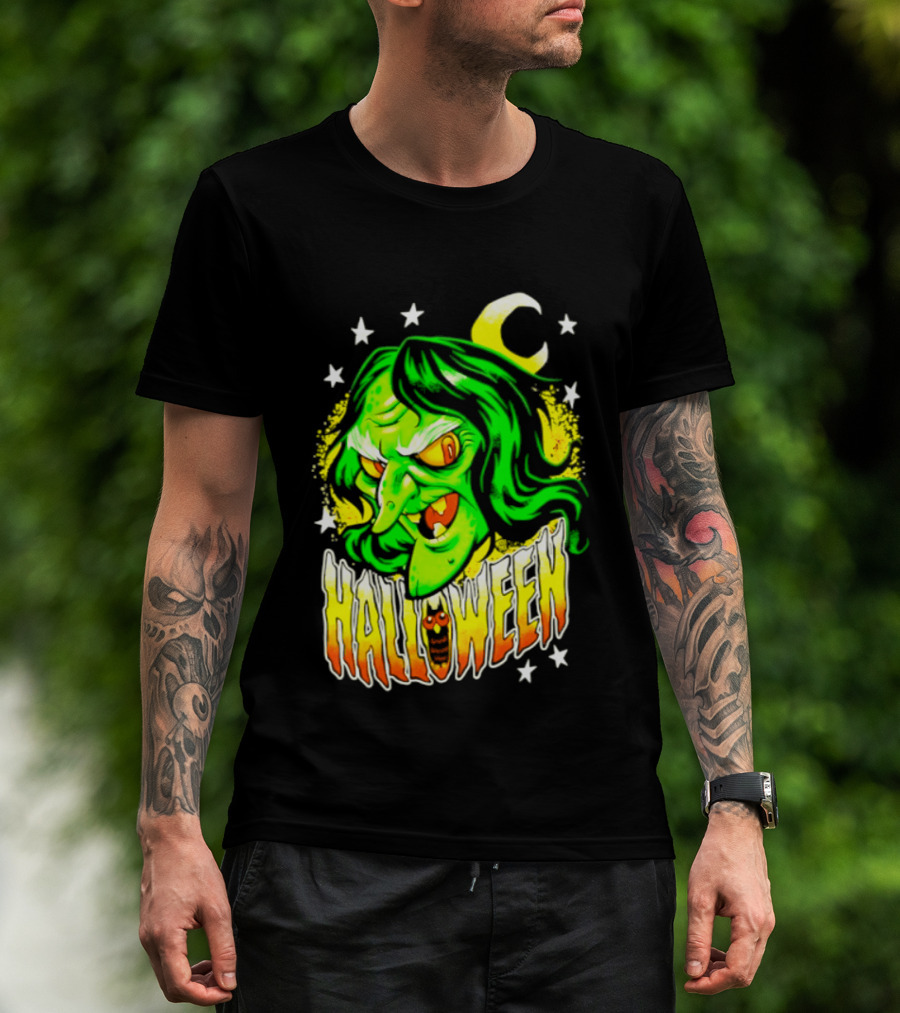 Halloween Witch Green Face Crescent Moon And Stars T-Shirt