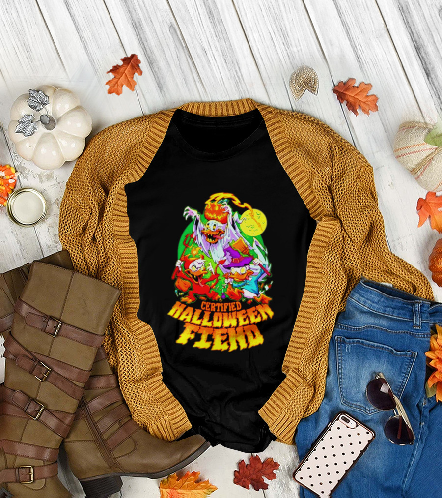 Certified Halloween Fiend Donald Duck Huey Dewey Louie Ghost Witch Devil Moon Scene T-Shirt
