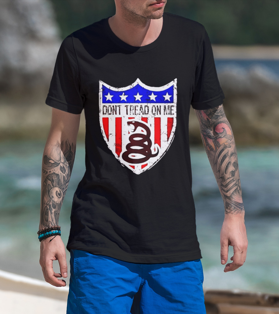 Dont Tread On Me American Flag Shield Gadsden Snake T-Shirt