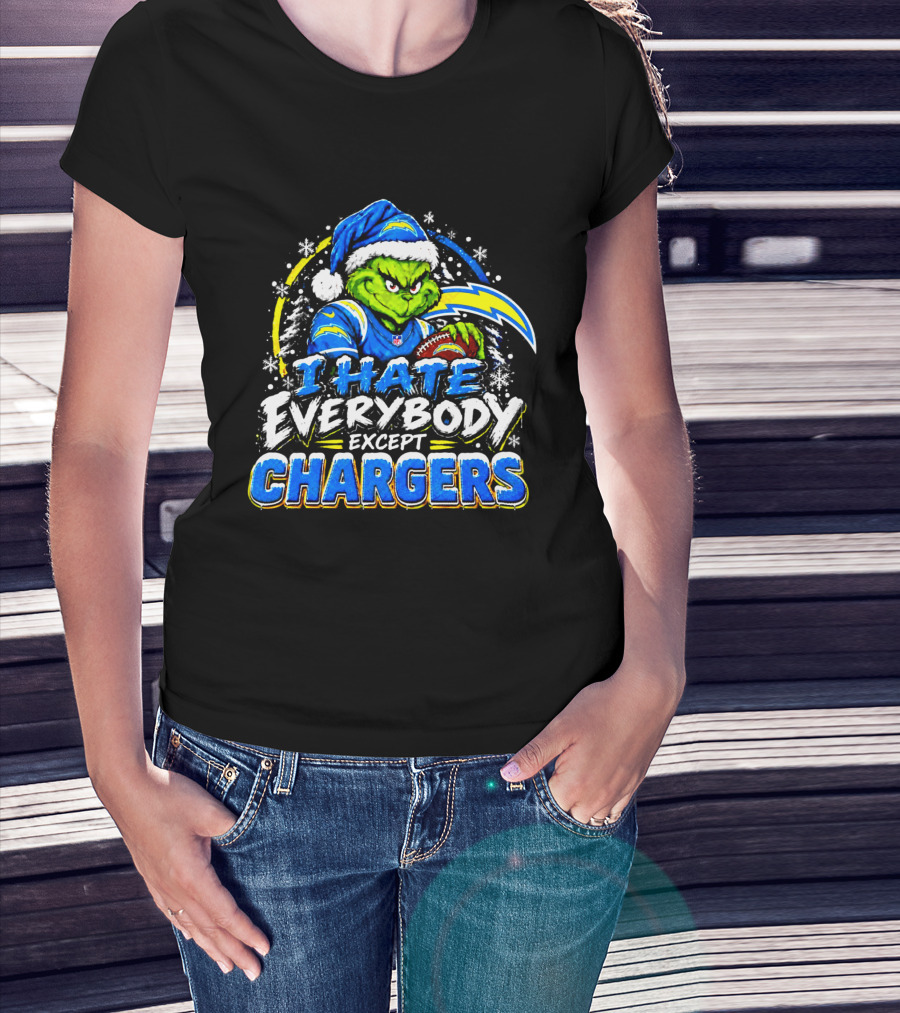 Los Angeles Chargers Grinch Christmas I Hate Everybody Except Chargers Fans Holiday T-Shirt