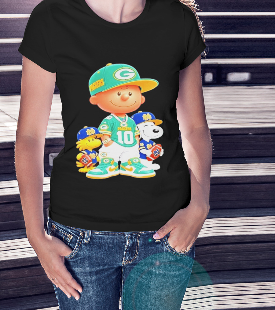 Peanuts Green Bay Packers Notre Dame Fighting Irish Football Characters Charlie Brown Snoopy Woodstock T-Shirt
