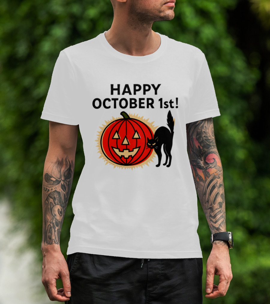 Happy October 1st Pumpkin Black Cat Halloween Celebration T-Shirt