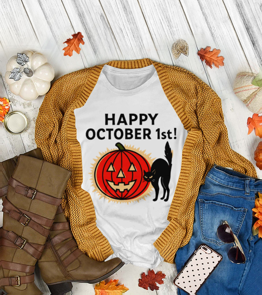 Happy October 1st Pumpkin Black Cat Halloween Celebration T-Shirt