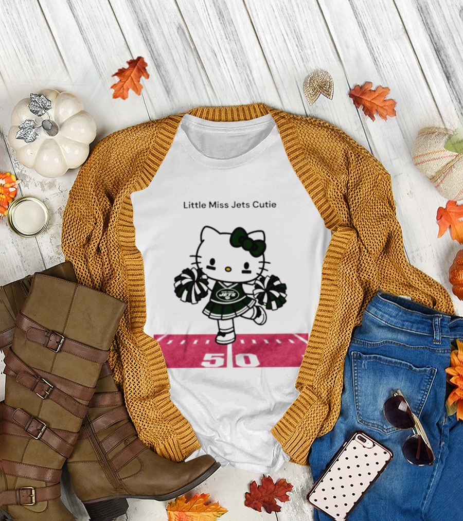 New York Jets Hello Kitty Little Miss Cutie Football Cheerleader On 50 Yard Line T-Shirt