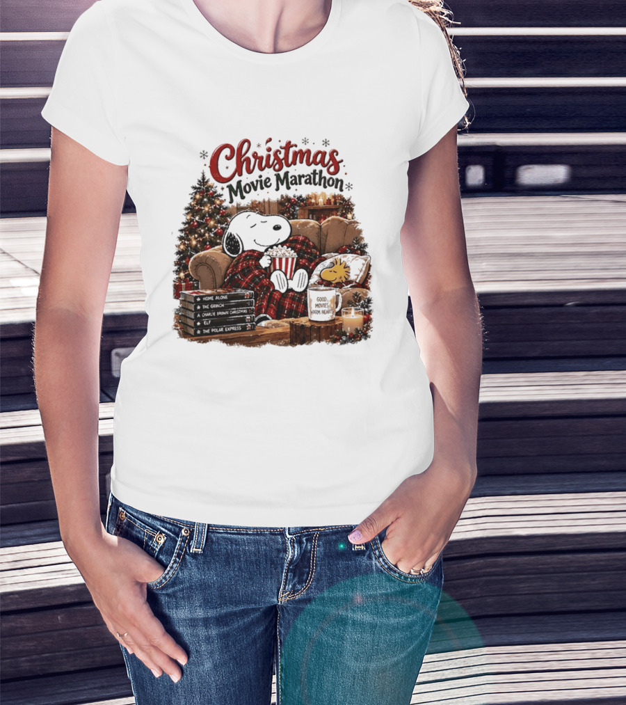 Christmas Movie Marathon Snoopy Popcorn Pajamas T-Shirt