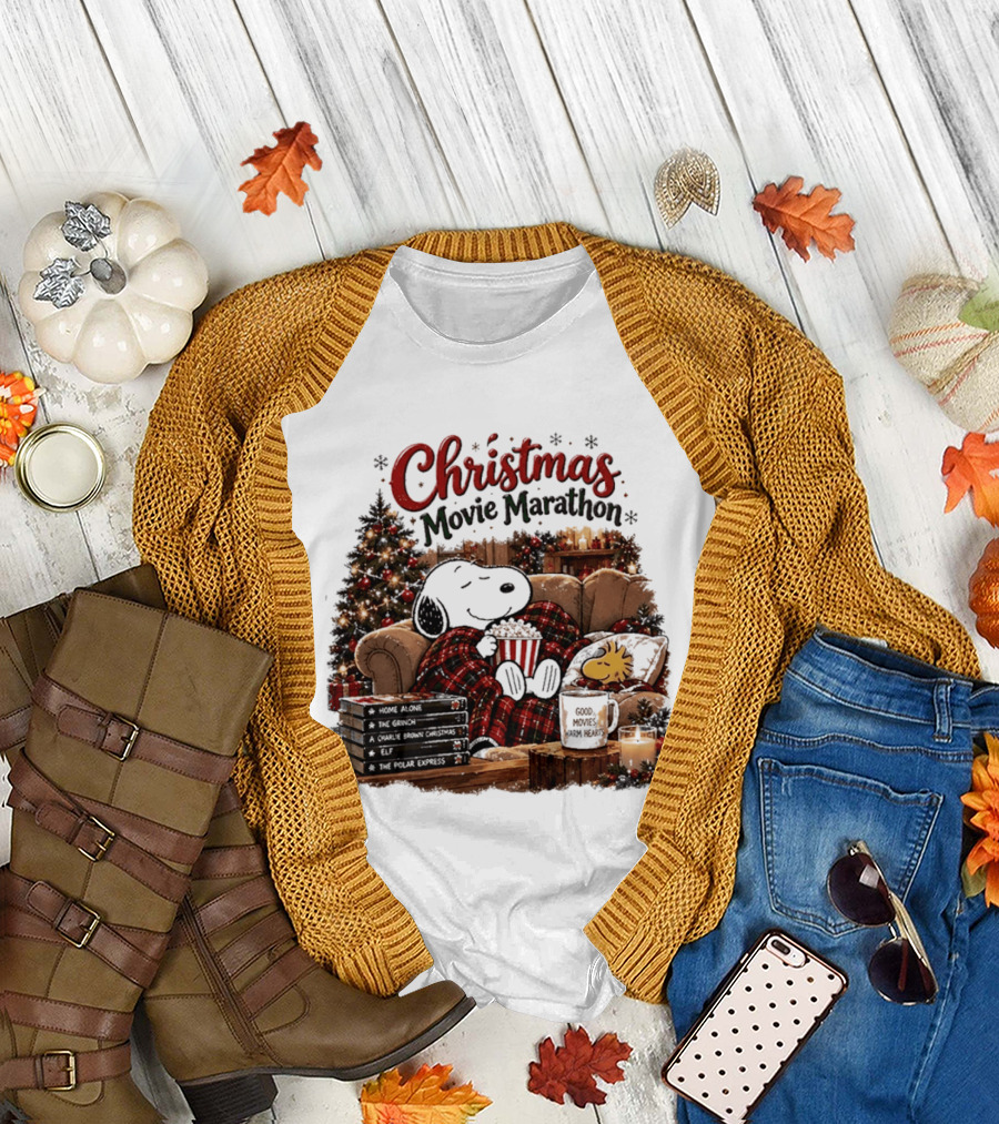 Christmas Movie Marathon Snoopy Popcorn Pajamas T-Shirt
