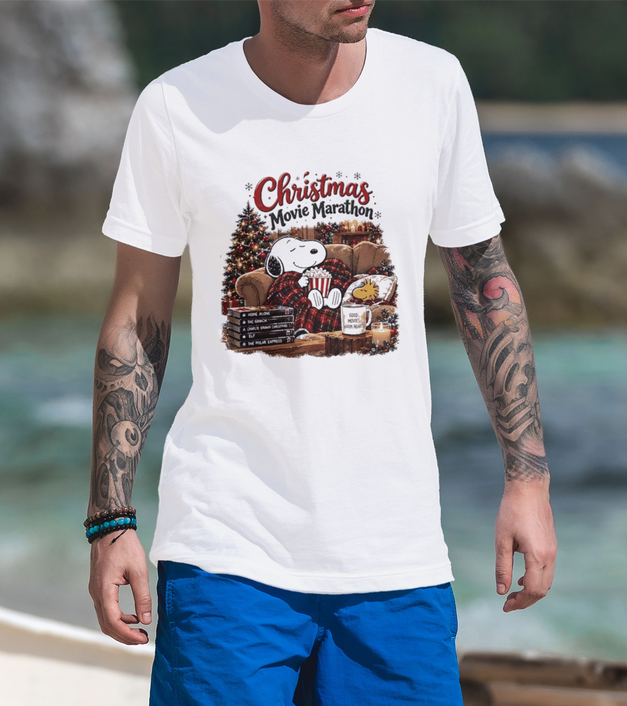 Christmas Movie Marathon Snoopy Popcorn Pajamas T-Shirt