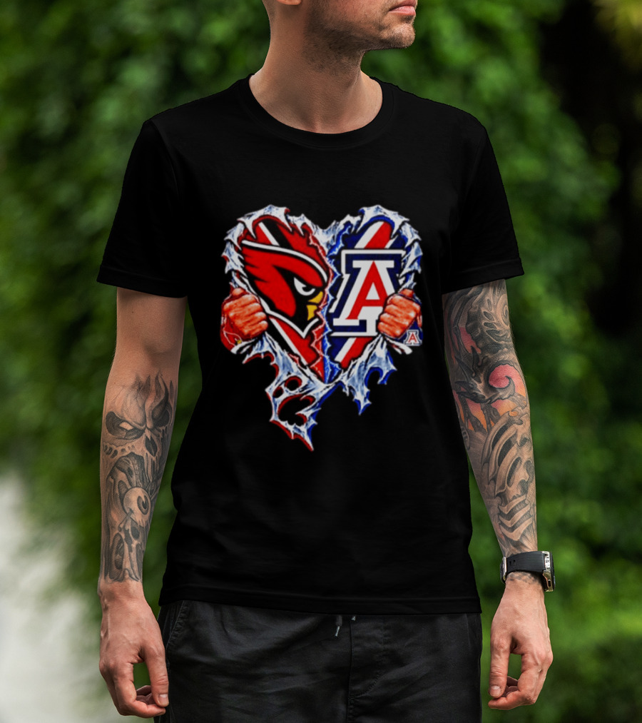 Arizona Cardinals And Wildcats Ripped Heart Dual Team Spirit T-Shirt