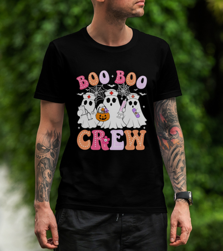 Boo Boo Crew Ghost Nurse Halloween Spooky Pumpkins And Webs T-Shirt