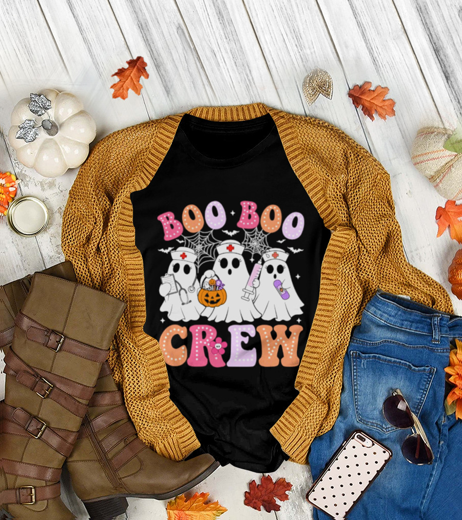 Boo Boo Crew Ghost Nurse Halloween Spooky Pumpkins And Webs T-Shirt