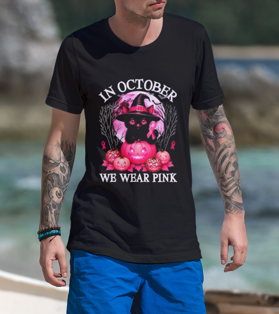 In October We Wear Pink Cat Witch Breast Cancer Awareness Halloween T-Shirt