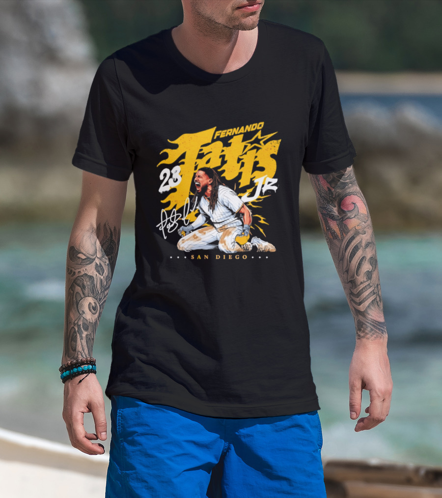 Fernando Tatis Jr 23 San Diego Padres Scream Slide Signature T-Shirt