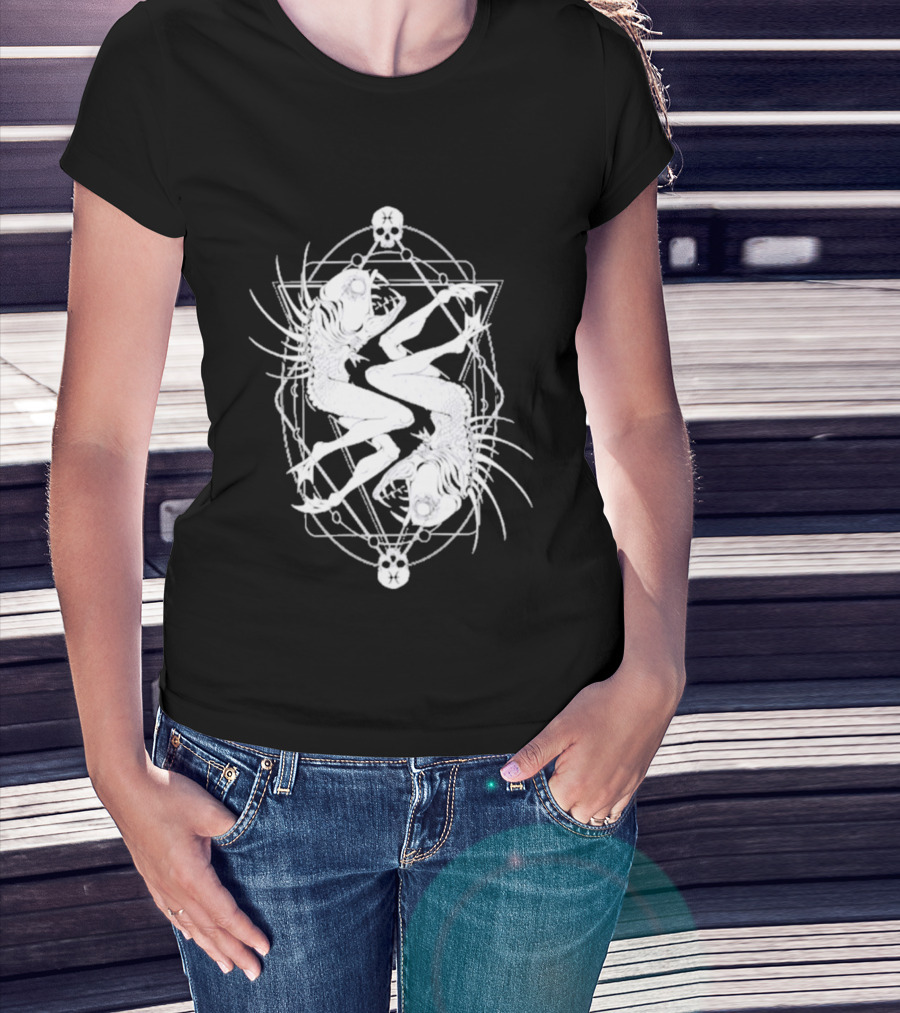 Half Woman Half Fish Skeleton Symmetry With Skulls T-Shirt