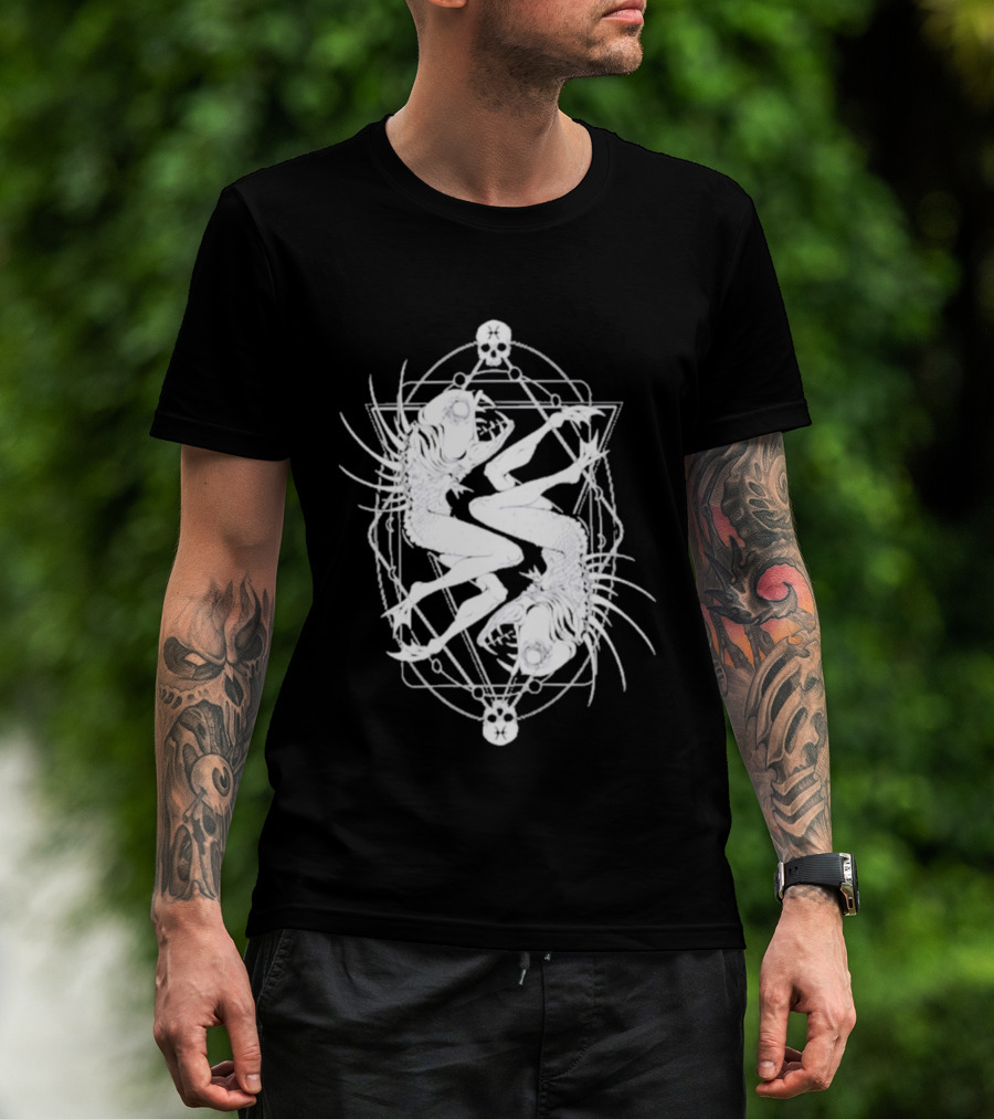 Half Woman Half Fish Skeleton Symmetry With Skulls T-Shirt