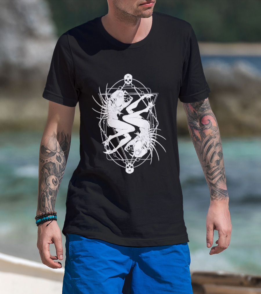 Half Woman Half Fish Skeleton Symmetry With Skulls T-Shirt