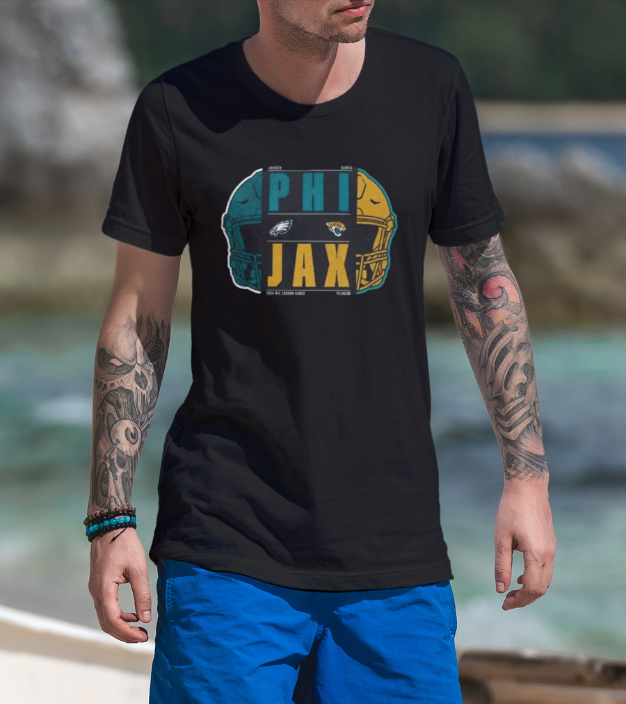 Jacksonville Jaguars Vs Philadelphia Eagles 2026 London Game International City Matchup Football Helmets Logos T-Shirt