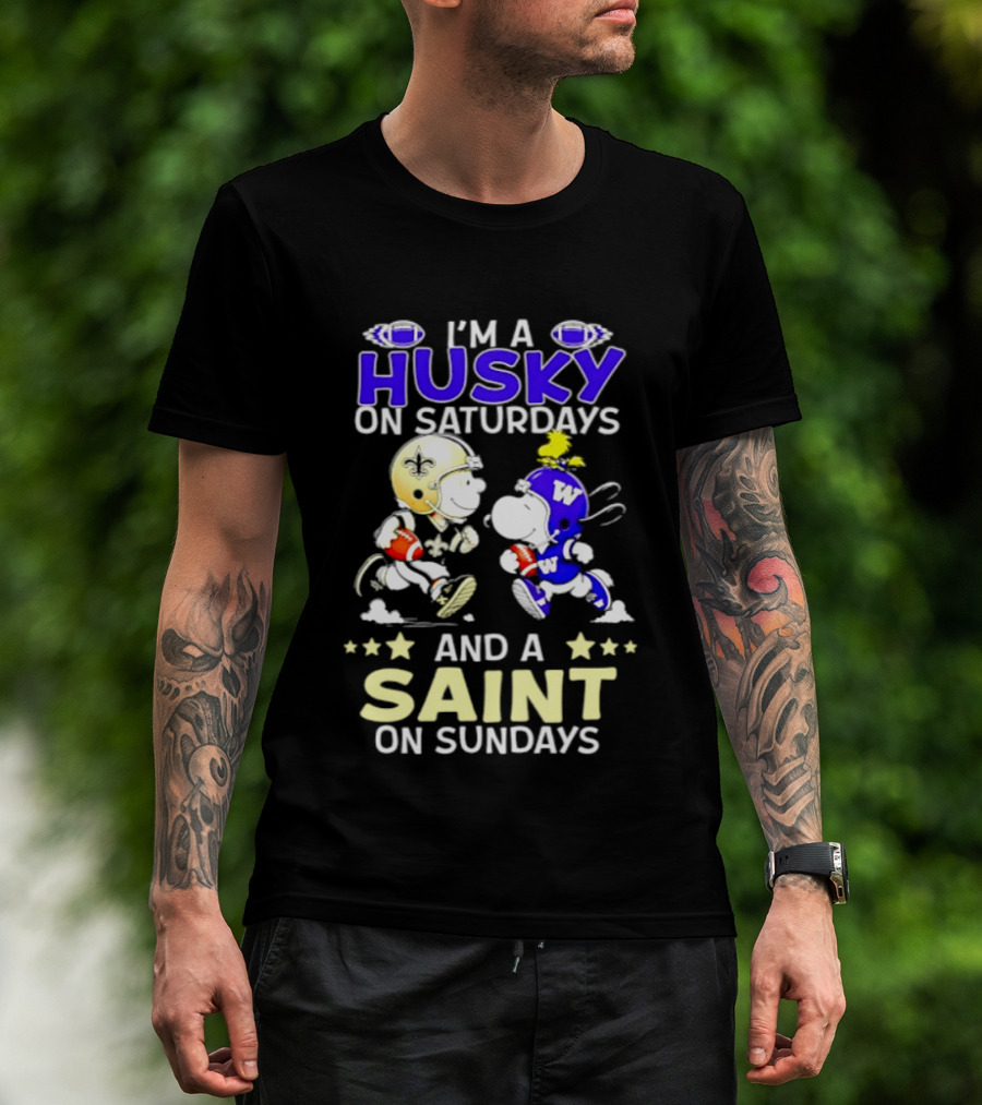 Peanuts I'm A Husky On Saturdays And A Saint On Sundays Football Charlie Brown Snoopy T-Shirt